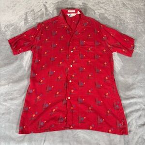 Vintage Islander Loop Collar Camp Shirt Mens M Slim Fit Rayon Faded Red 70s